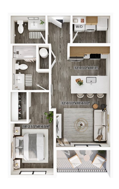 Floor plan for 1 bed, 1 bath, 672 sqft